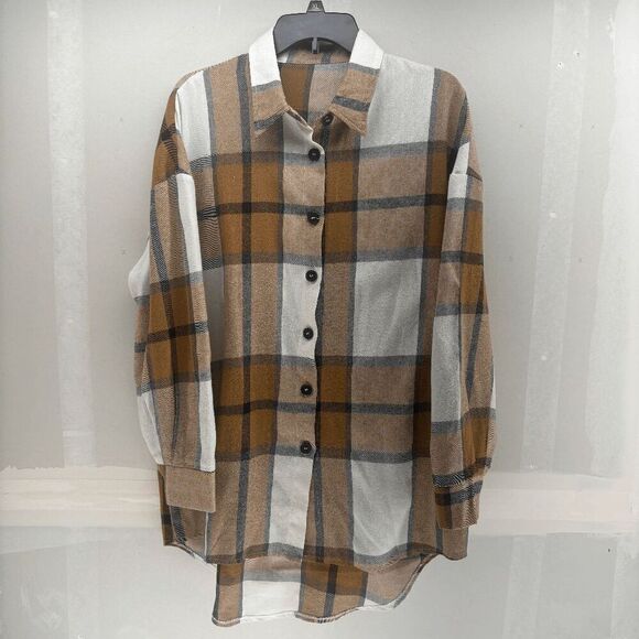 Cupshe Long Sleeve Plaid Flannel Brown White Button Shirt Size Large EUC - Picture 1 of 5